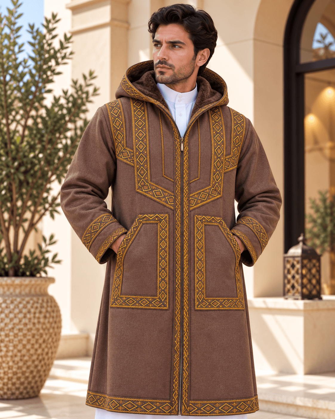 Mens Traditional Jordanian Farwa Winter Coat – Hooded Zip-Up on model, showcasing its embroidered design and winter warmth.