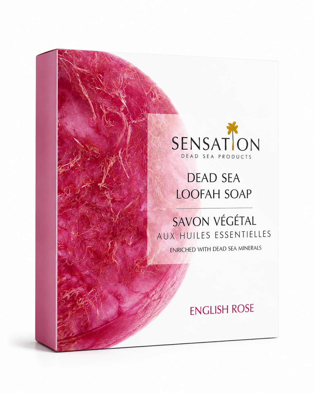 Natural loofah exfoliating soap box with Dead Sea minerals and English Rose fragrance.