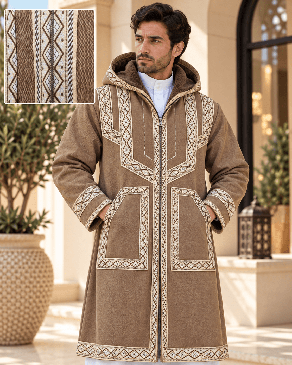 Mens Traditional Jordanian Farwa Winter Coat – Hooded Zip-Up with intricate embroidery detail.