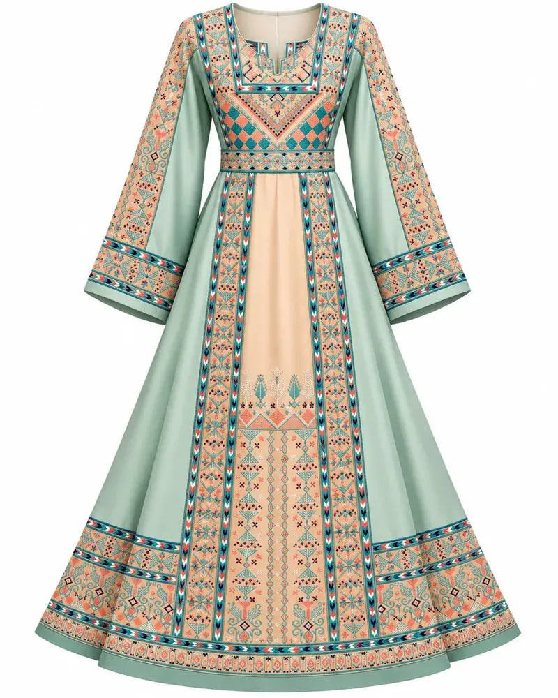Modern Palestinian Dress featuring intricate embroidery and a contemporary silhouette in soft colors.