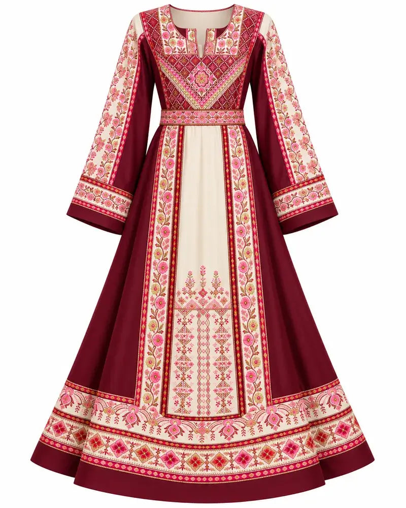 Modern Palestinian Dress featuring intricate embroidery and elegant details in a rich burgundy color.