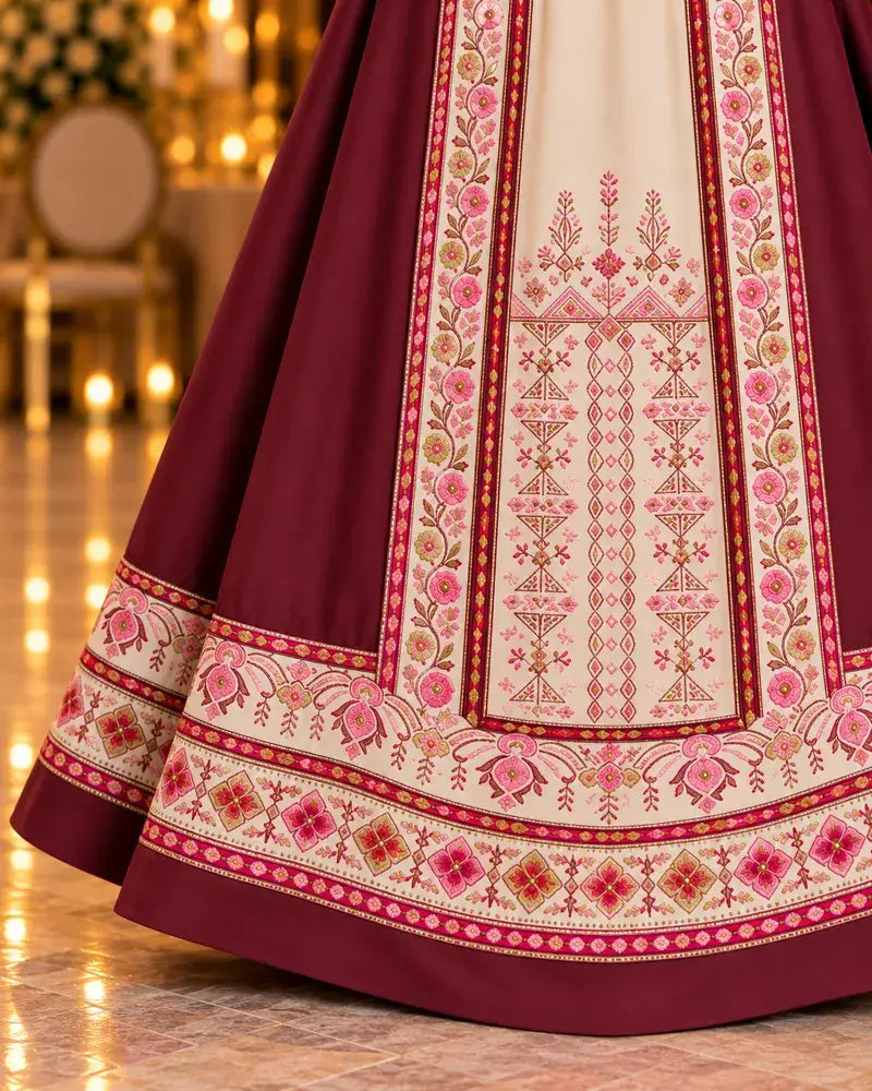 Modern Palestinian Dress featuring intricate embroidery in rich colors and elegant design details.