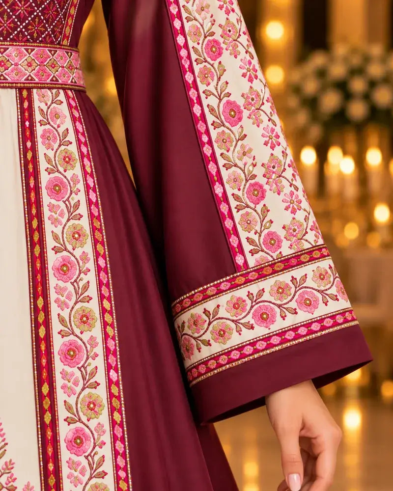 Close-up of Modern Palestinian Dress showcasing intricate embroidery and elegant details on the sleeves.