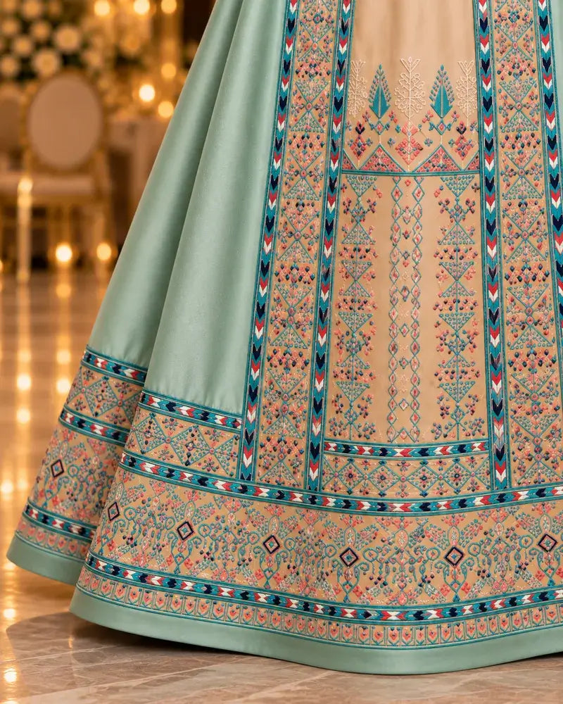Detail of a Modern Palestinian Dress showcasing intricate embroidery and elegant design features.