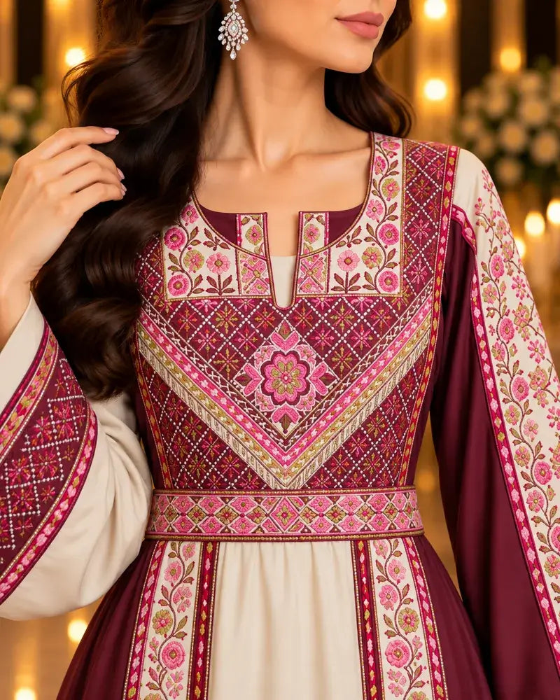 Modern Palestinian Dress featuring intricate embroidery and elegant details in a vibrant design.