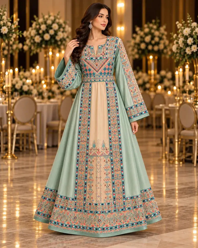 Modern Palestinian Dress featuring intricate embroidery and elegant details in a beautiful setting.