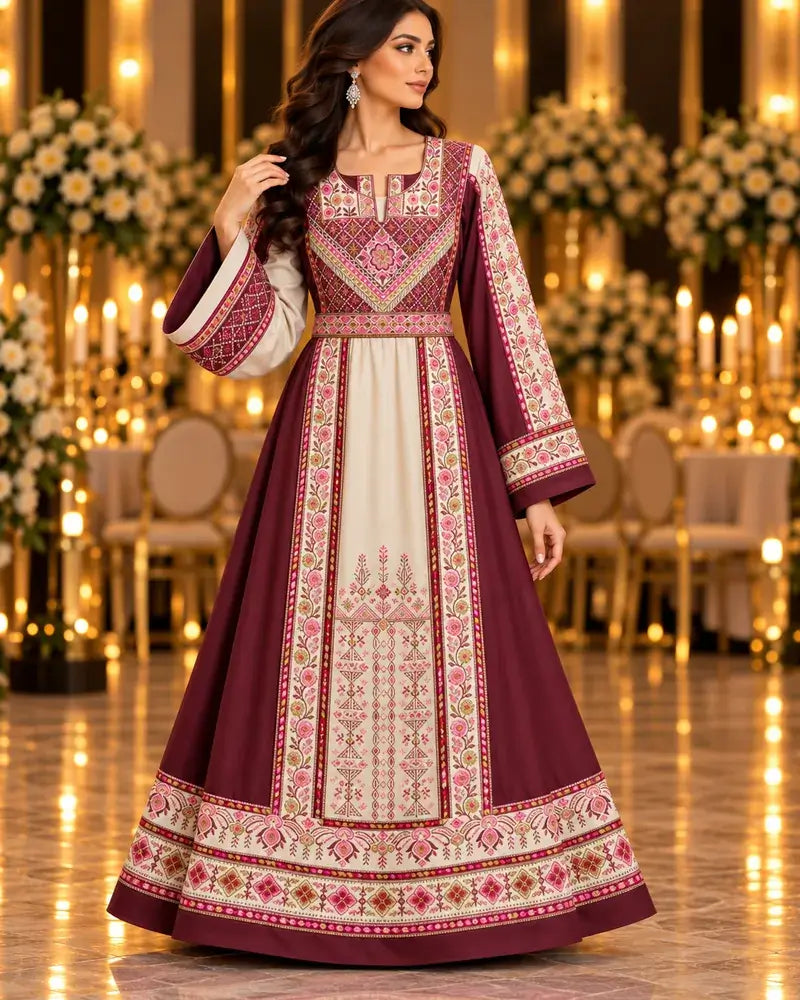 Modern Palestinian Dress showcasing intricate embroidery and elegant design elements.
