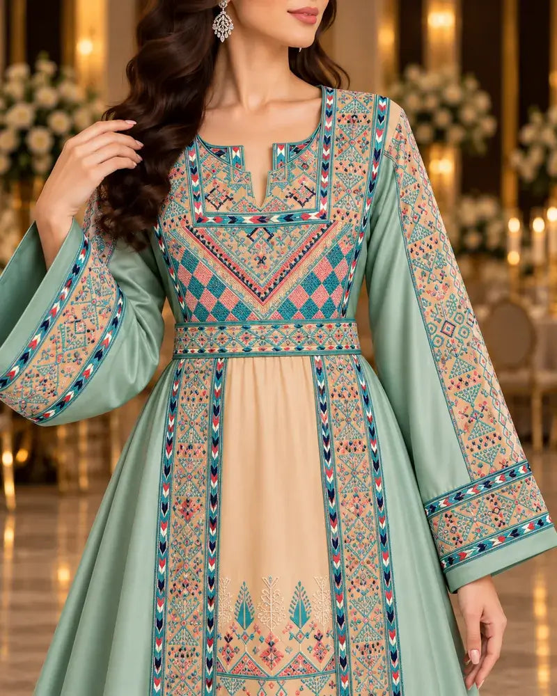 Modern Palestinian Dress featuring intricate embroidery and a stylish modern silhouette.