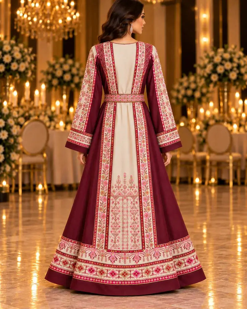 Modern Palestinian Dress showcasing intricate embroidery and elegant design in a beautiful setting.