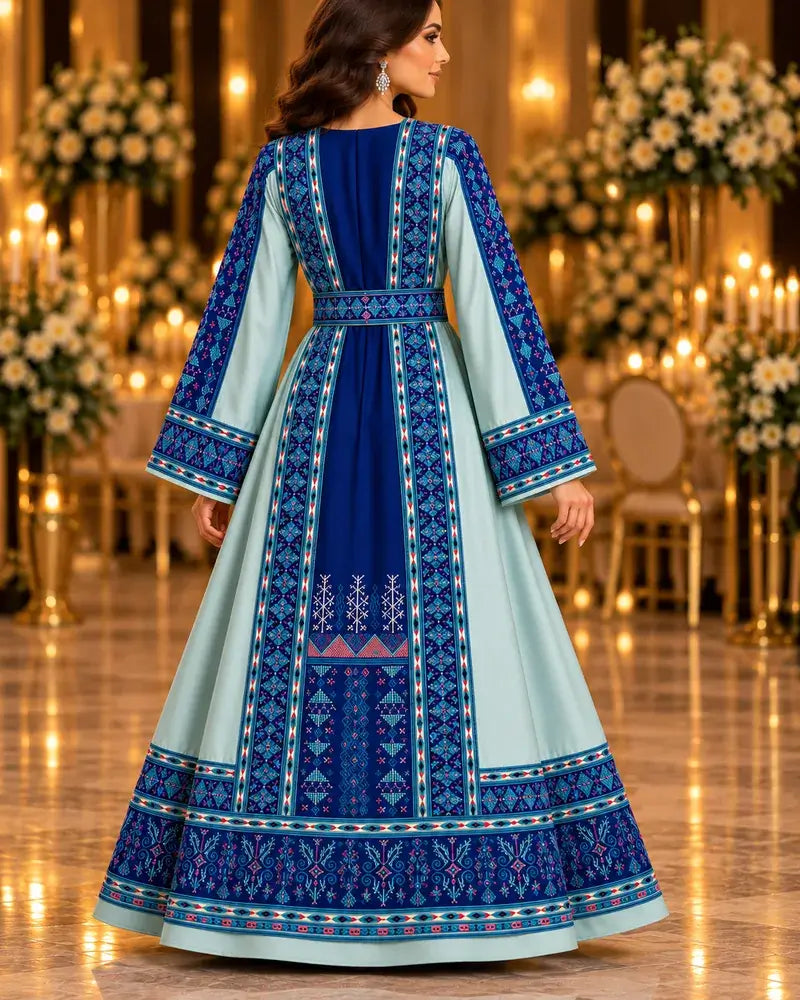 Modern Palestinian Dress featuring intricate embroidery and elegant design, showcasing the back view in a beautiful setting.