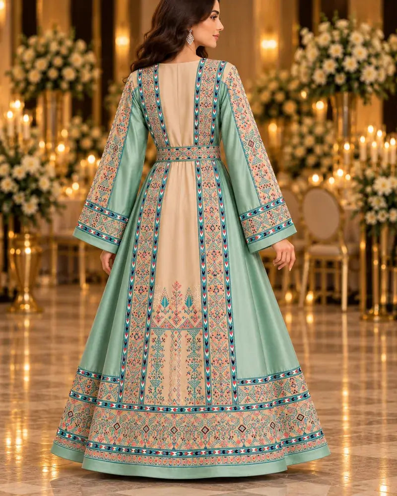 Modern Palestinian Dress featuring elegant embroidery and a graceful silhouette from the back view.
