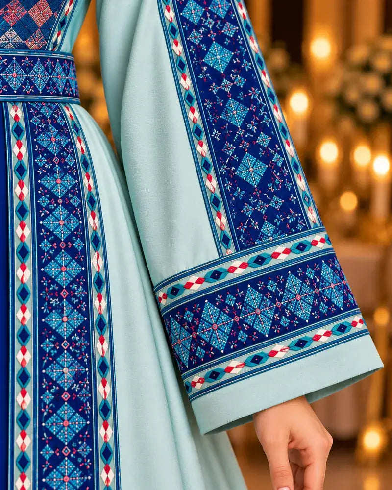 Close-up of sleeve detailing on a Modern Palestinian Dress showcasing intricate embroidery and vibrant patterns.