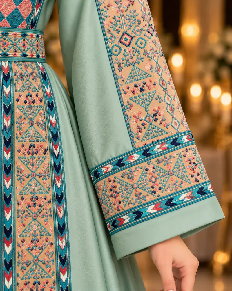 Modern Palestinian Dress with intricate embroidery and elegant details on the sleeves, showcasing traditional craftsmanship.