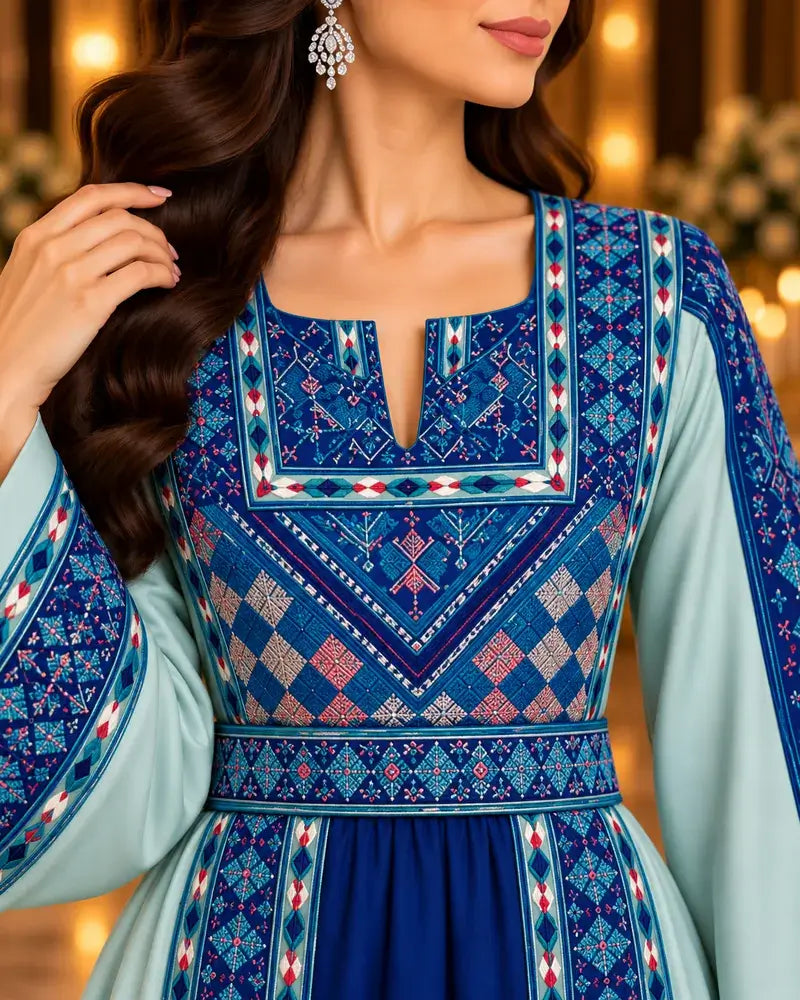 Modern Palestinian Dress featuring intricate embroidery and elegant blue details.