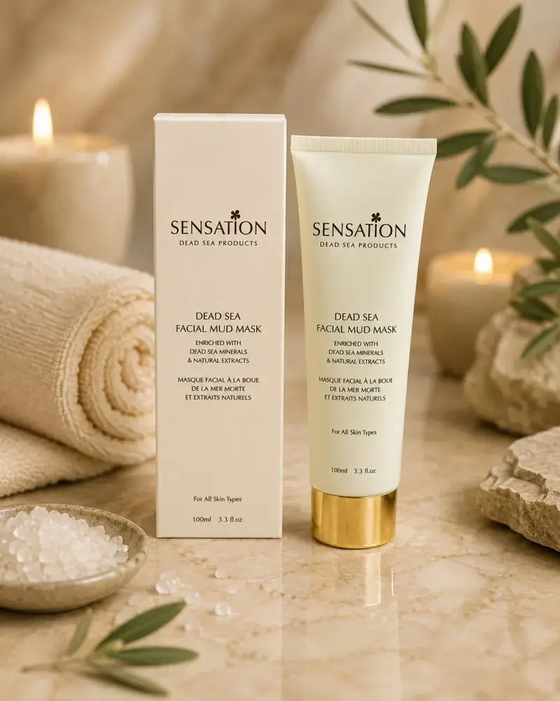 Dead sea mud mask for face displayed with Dead Sea skincare products