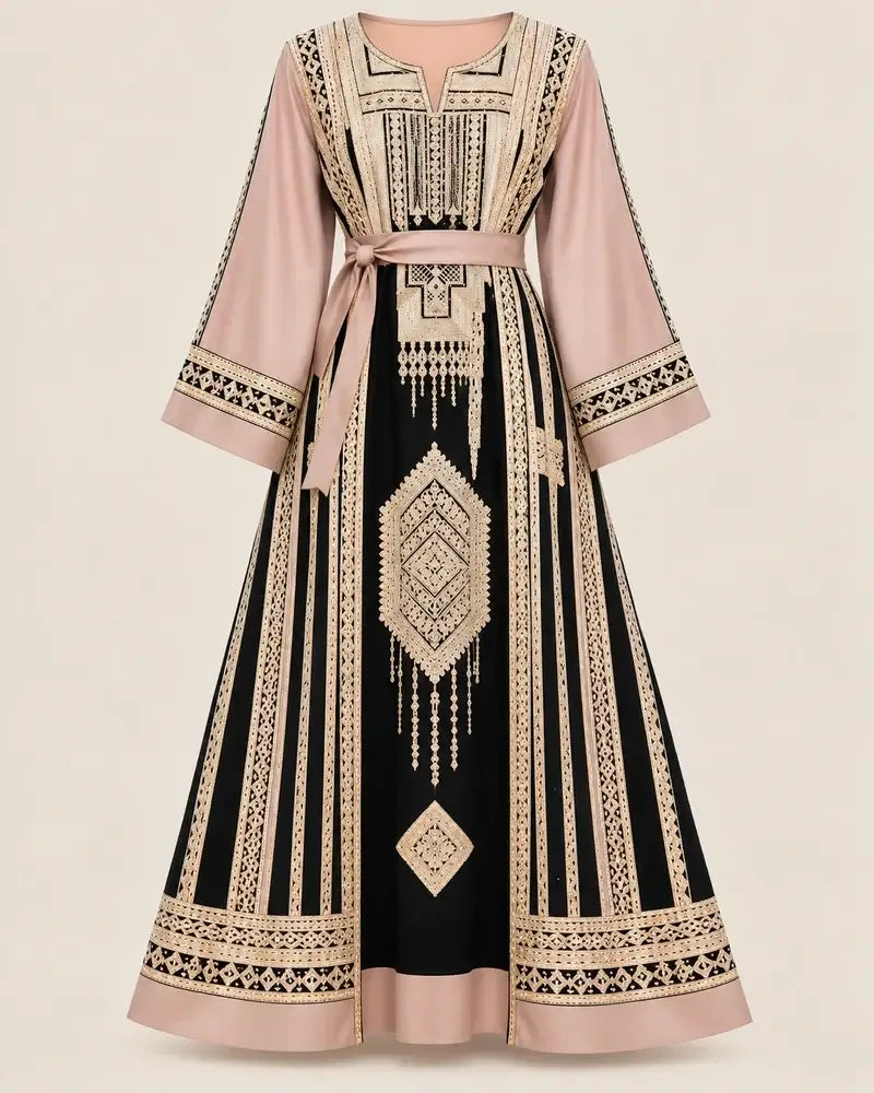 Elegant Embroidered Dress featuring traditional Jordanian-inspired embroidery and a modern silhouette.