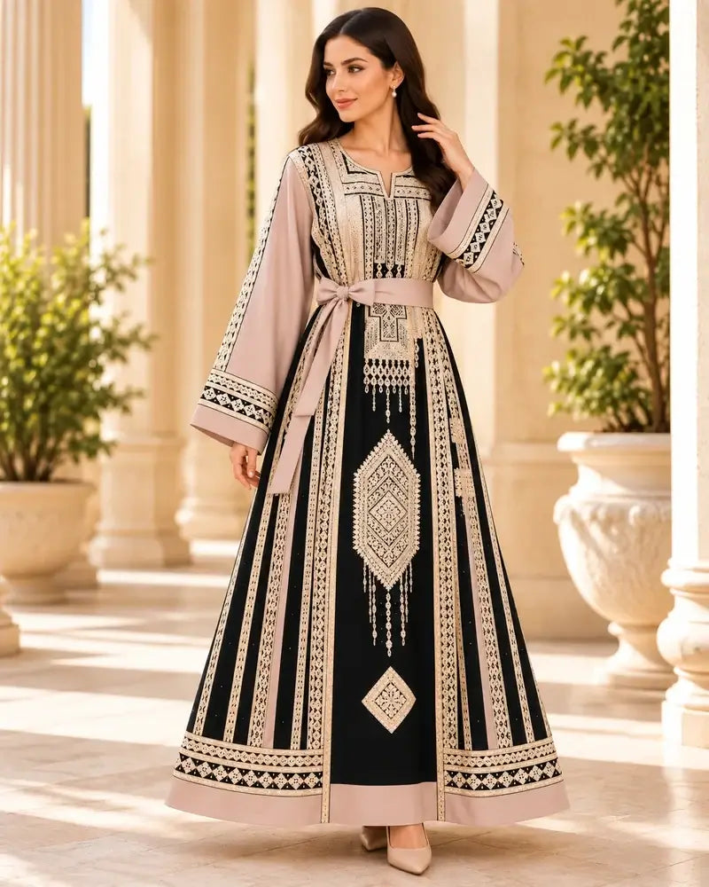 Elegant Embroidered Dress featuring traditional Jordanian-inspired embroidery and a modern silhouette.