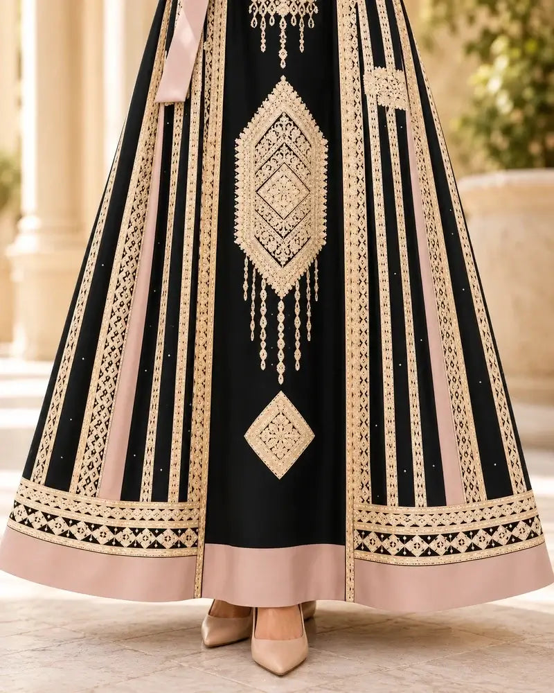 Elegant Embroidered Dress featuring intricate Jordanian-inspired embroidery on a beautiful black and beige design.