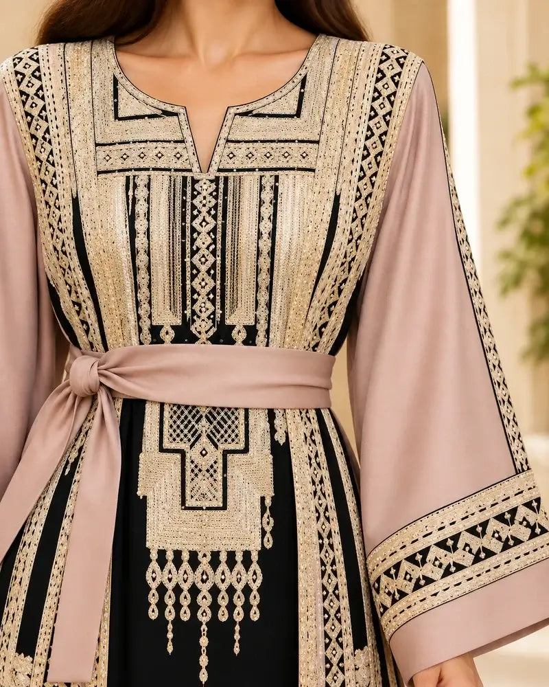 Elegant Embroidered Dress featuring intricate Jordanian-inspired embroidery and a stylish belt.