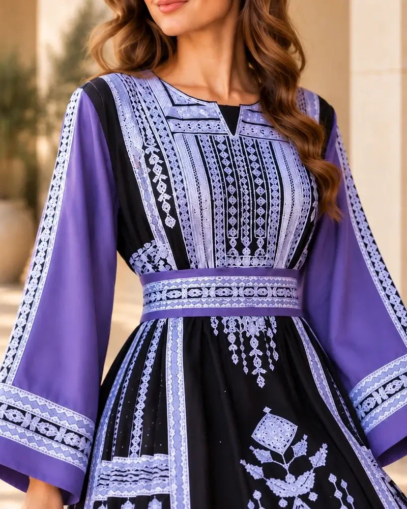 Elegant Embroidered Dress showcasing intricate Jordanian-inspired embroidery in a modern silhouette.