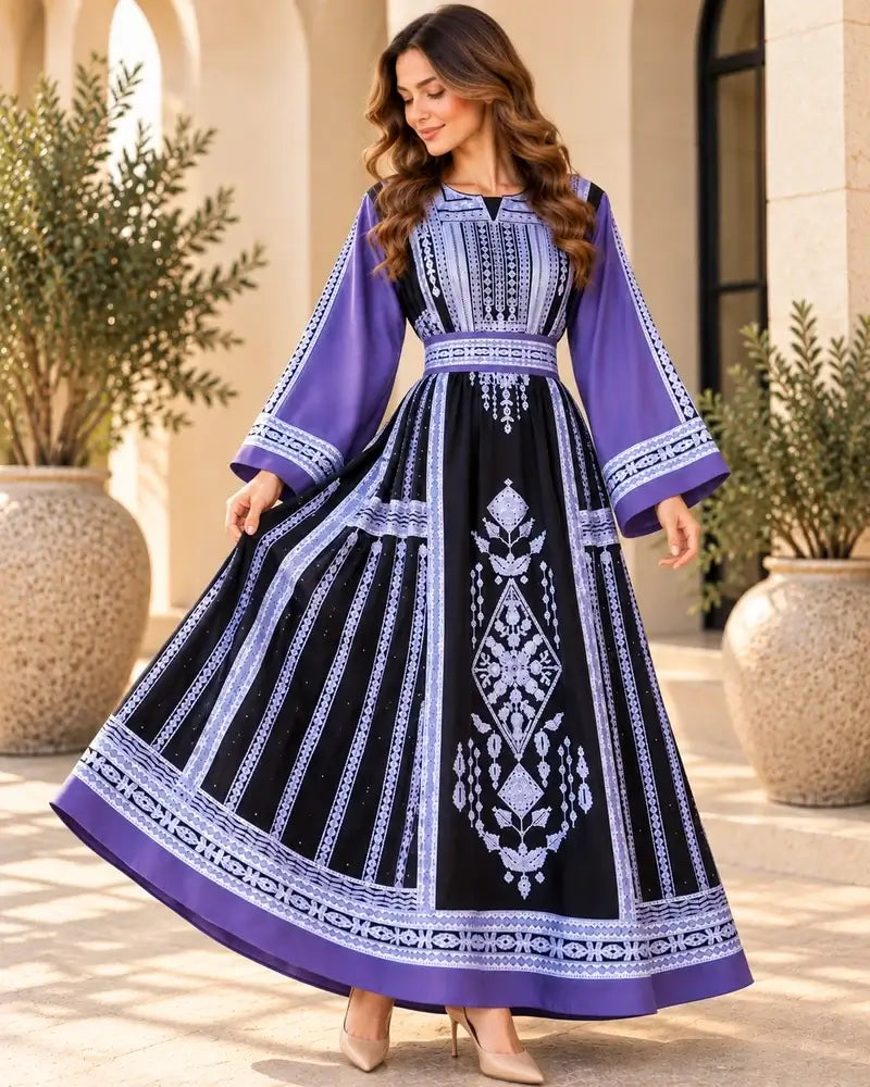 Elegant Embroidered Dress featuring traditional Jordanian-inspired embroidery on a modern silhouette.