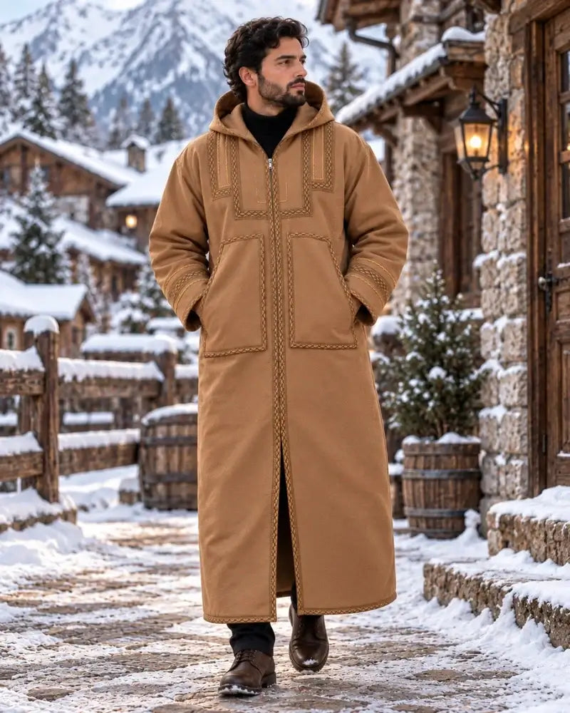 Mens Traditional Jordanian Farwa Winter Coat – Hooded Zip-Up worn in snowy village setting with mountains in background.