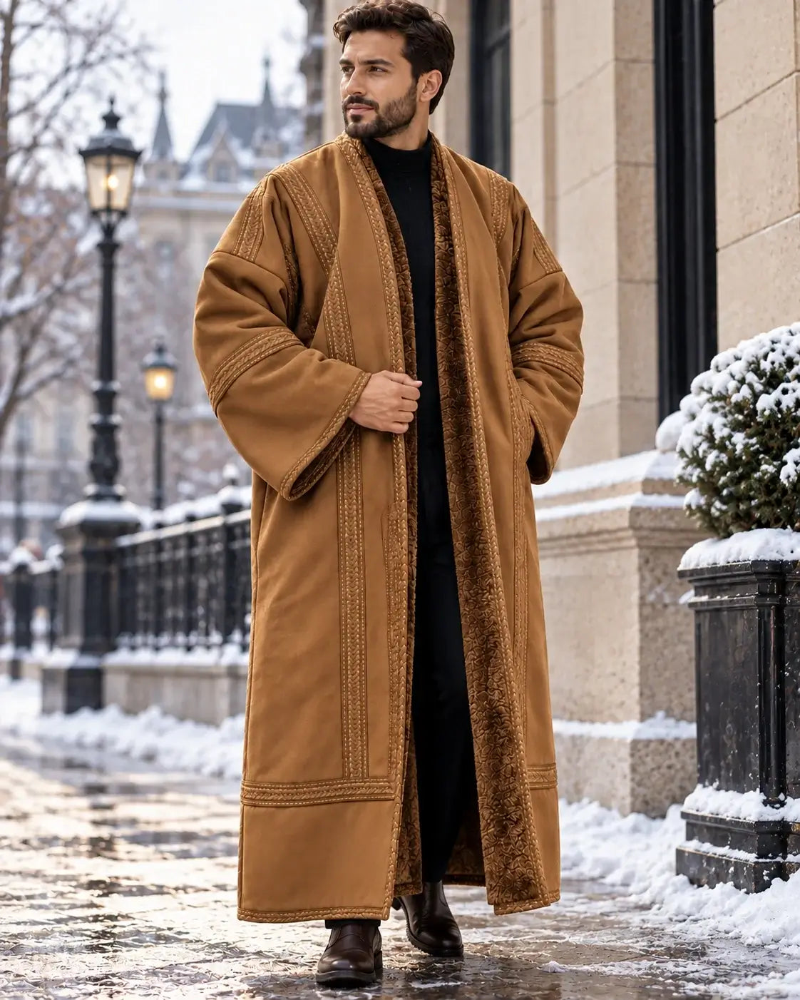 Men's Traditional Jordanian Farwa Winter Coat | Faux Fur Lined worn outdoors in winter scenery