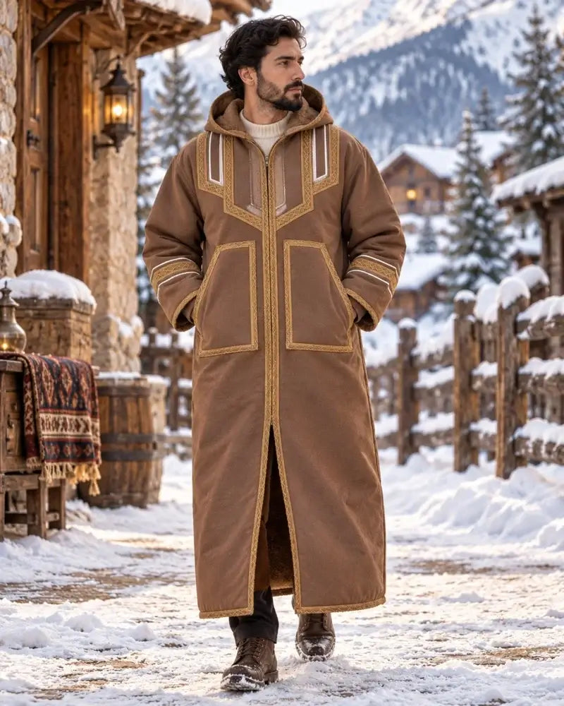 Mens Traditional Jordanian Farwa Winter Coat – Hooded Zip-Up worn by a man in a snowy landscape with mountains in background.