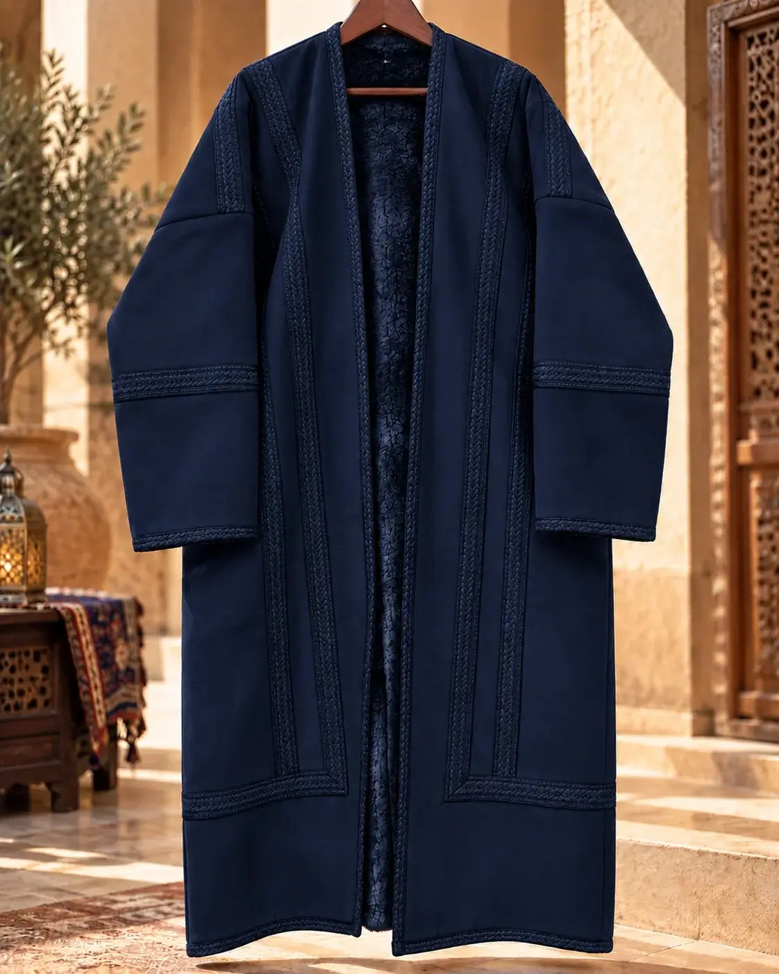Men's Traditional Jordanian Farwa Winter Coat | Faux Fur Lined displayed in a traditional setting.