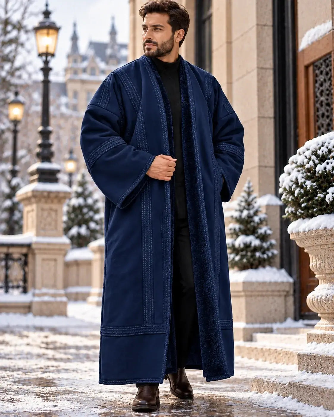 Men's traditional Jordanian Farwa winter coat in navy blue, featuring faux fur lining and worn outdoors in winter.