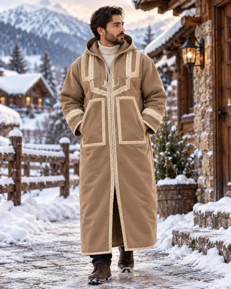Mens Traditional Jordanian Farwa Winter Coat – Hooded Zip-Up worn by a man in a snowy landscape.