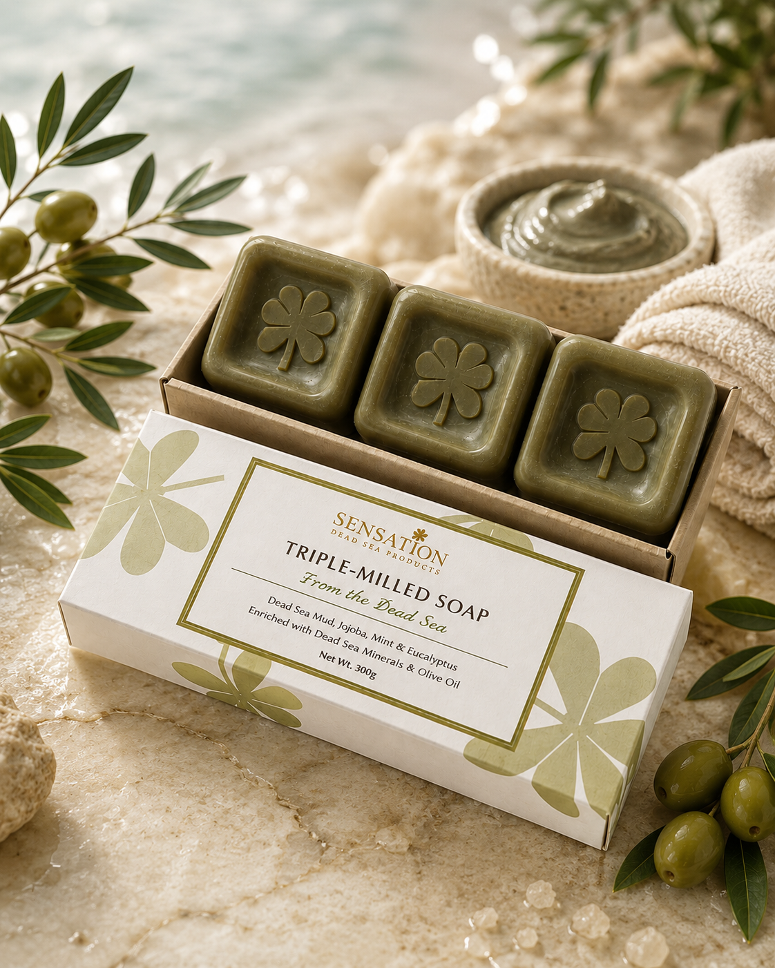 Triple-Milled Dead Sea Mud Soaps in natural packaging with green bars and olive accents.