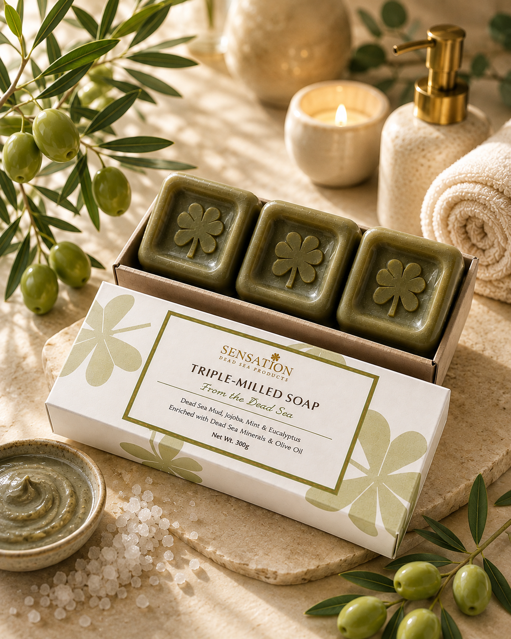 Triple-Milled Dead Sea Mud Soaps in elegant packaging with olive leaves and natural decor.