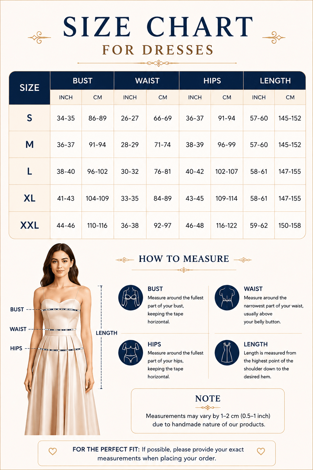 Size chart for dresses including measurements for bust, waist, hips, and length, designed for accurate fitting.