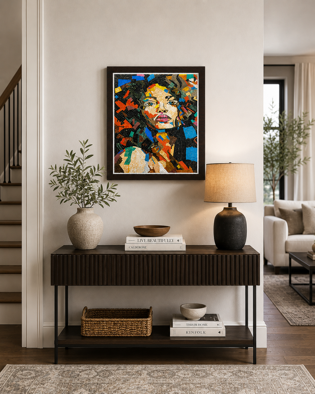 Vibrant Muse – Handcrafted Abstract Portrait Natural Stone Mosaic Wall Art