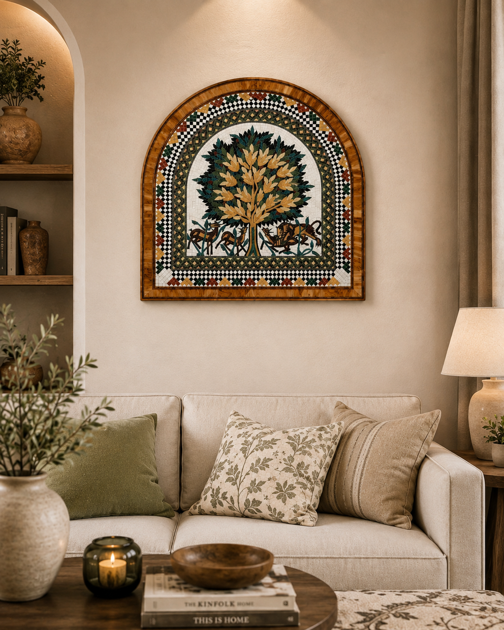 Olive Tree Mosaic Wall Art with Genuine Olive Bark Veneer Frame