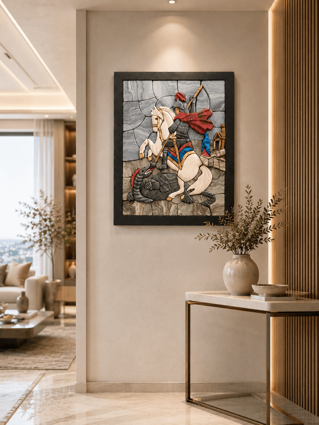 Knight and Dragon Mosaic Wall Art – Handmade 3D Resin artwork depicting a knight on horseback facing a dragon.