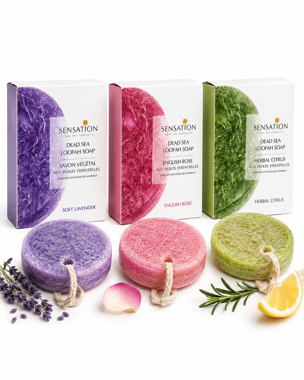 Natural loofah exfoliating soap collection with vibrant packaging and round bars displayed.