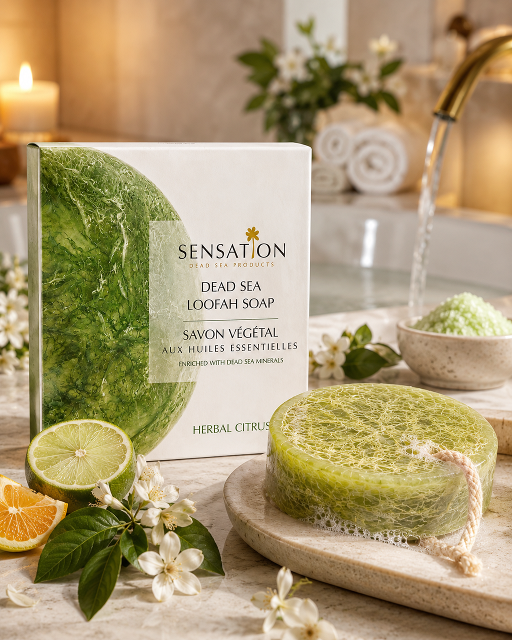 Natural loofah exfoliating soap with Dead Sea minerals displayed in a spa-like setting.