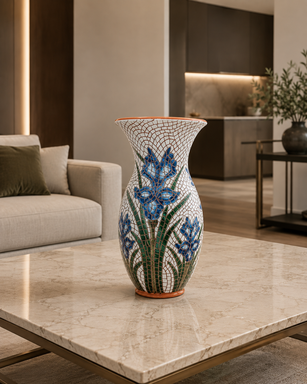 Handmade Blue Iris Mosaic Clay Vase
