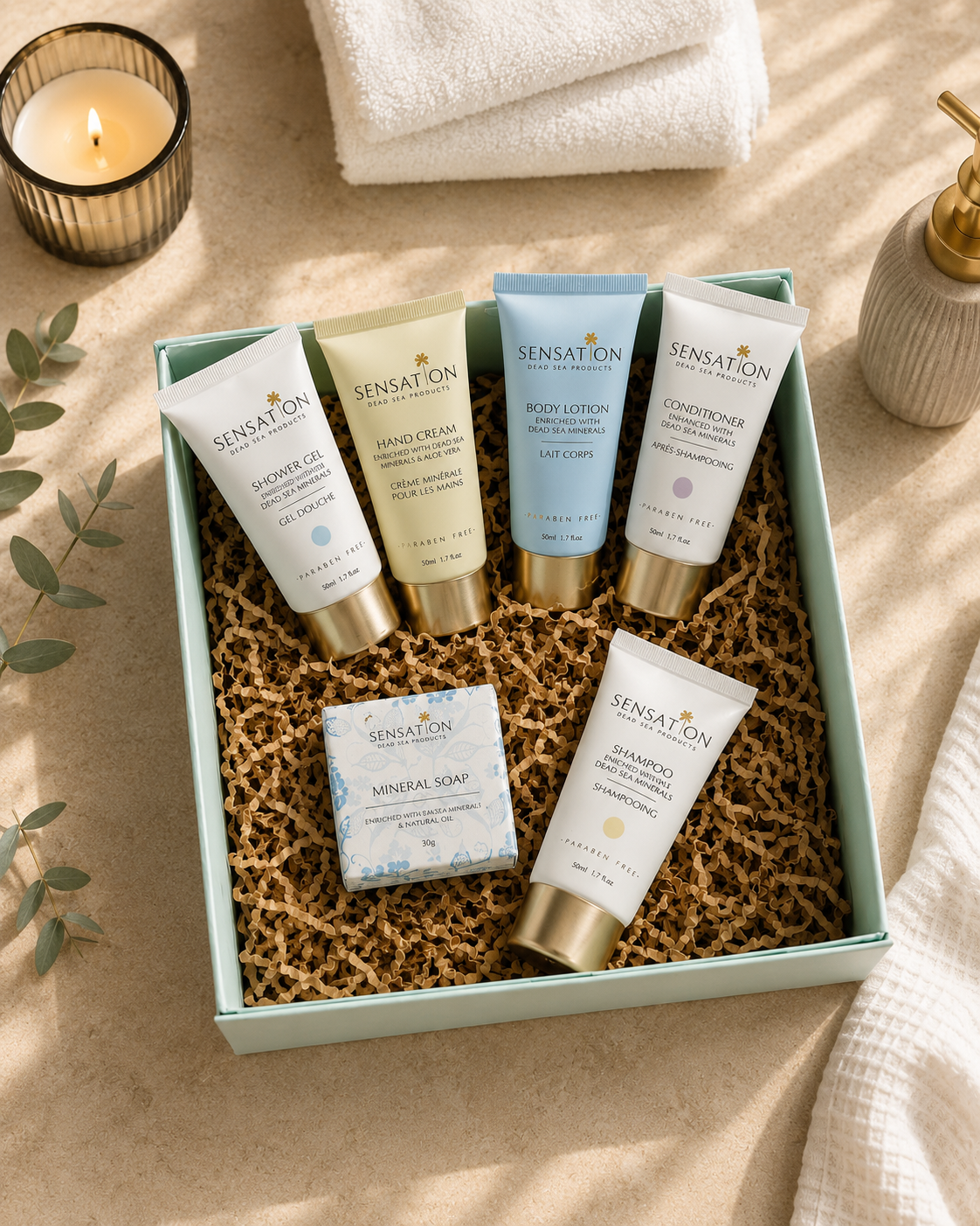 Dead Sea Travel Essentials Set featuring skincare products in a gift box arrangement.