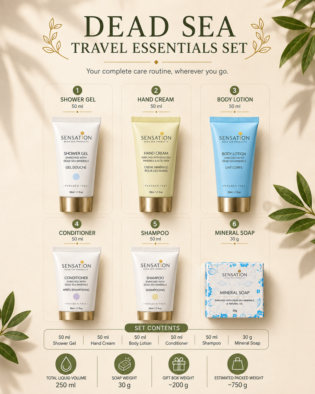 Dead Sea Travel Essentials Set with shower gel, hand cream, body lotion, conditioner, shampoo, and mineral soap.