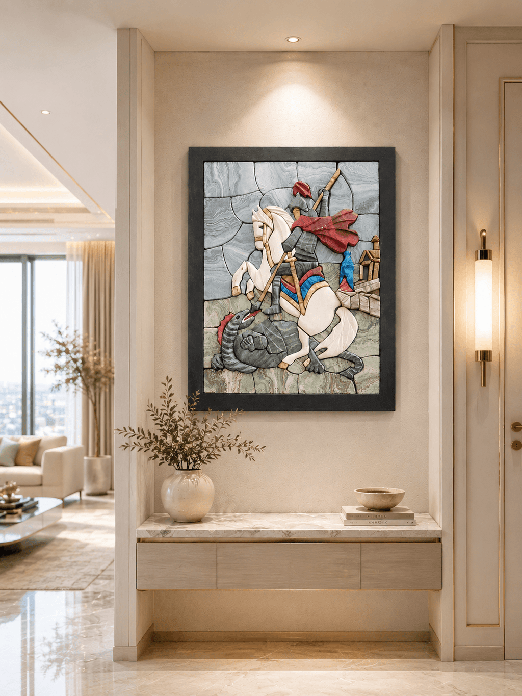 Knight and Dragon Mosaic Wall Art displayed in a modern living room, highlighting a knight facing a dragon in 3D resin.