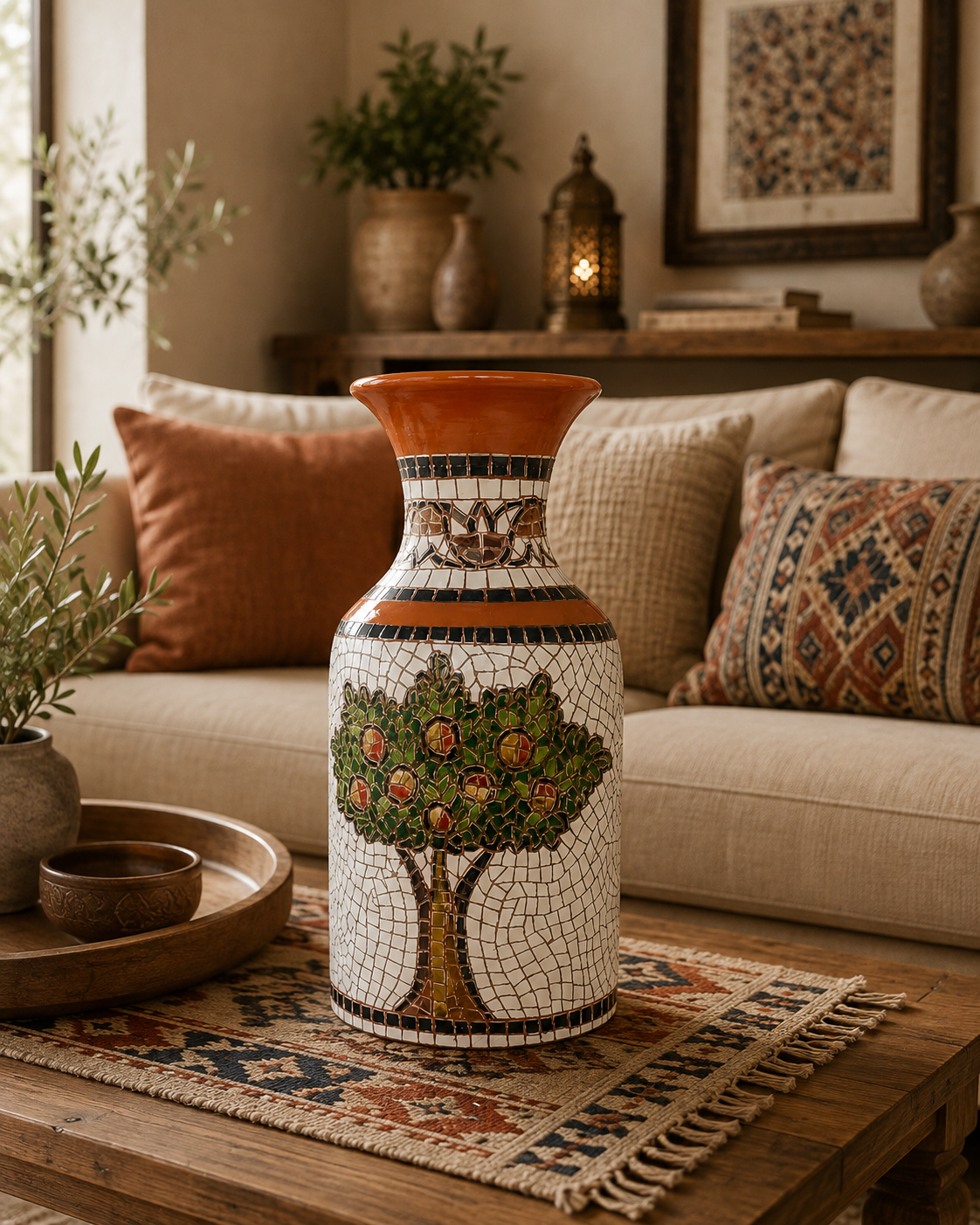Handcrafted Mosaic Clay Vase – Pomegranate Tree