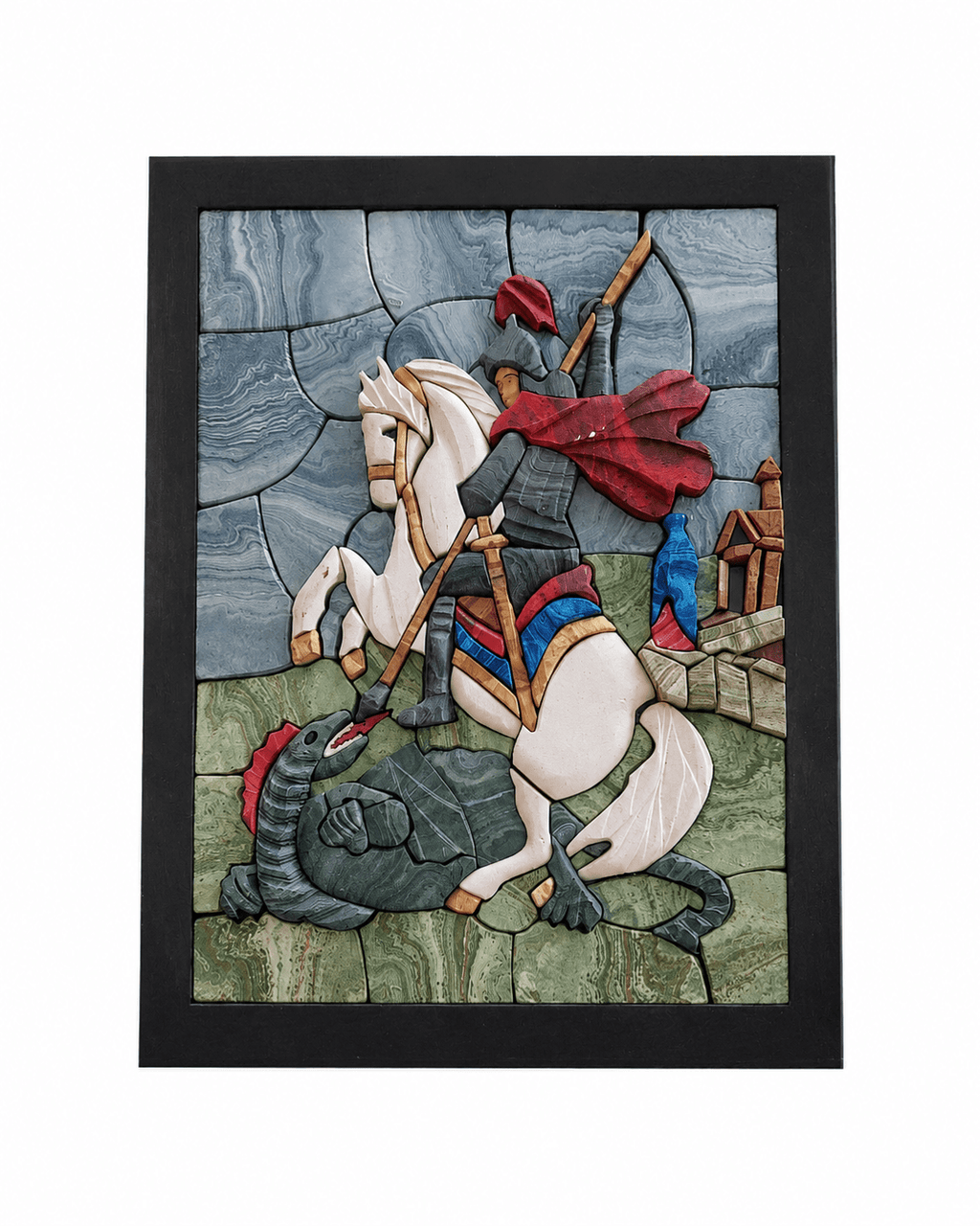 Knight and Dragon Mosaic Wall Art – Handmade 3D Resin showing knight on horse facing a dragon in vibrant colors.