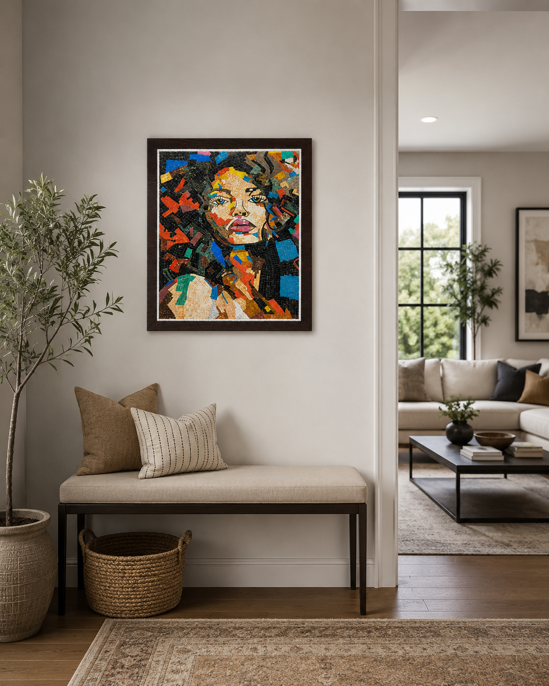 Vibrant Muse – Handcrafted Abstract Portrait Natural Stone Mosaic Wall Art