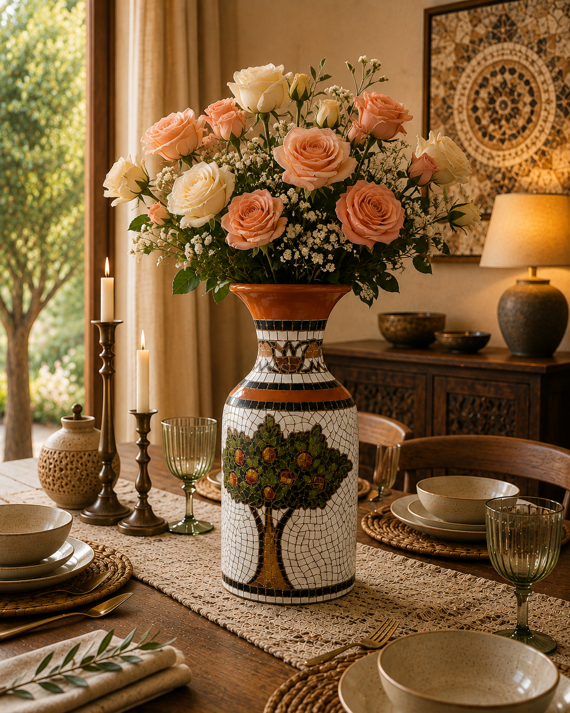 Handcrafted Mosaic Clay Vase – Pomegranate Tree