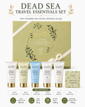 Dead Sea Travel Essentials Set featuring shower gel, hand cream, body lotion, conditioner, shampoo, and mineral soap.
