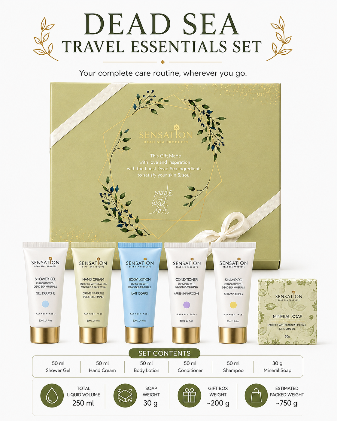 Dead Sea Travel Essentials Set featuring shower gel, hand cream, body lotion, conditioner, shampoo, and mineral soap.