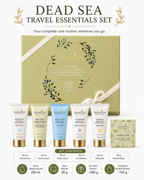 Dead Sea Travel Essentials Set featuring shower gel, hand cream, body lotion, conditioner, shampoo, and mineral soap.